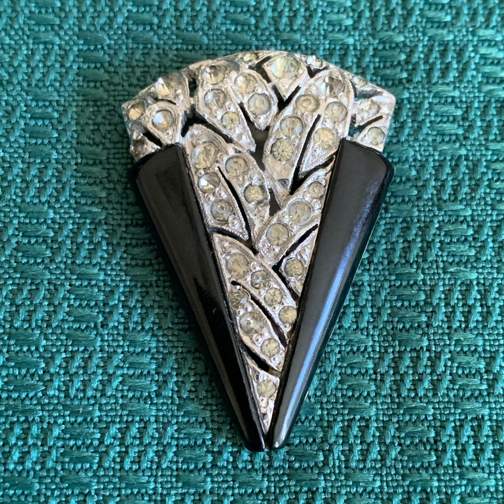 Vintage Dress Clip Black Lucite With Clear Rhinestones Silver Tone Metal
